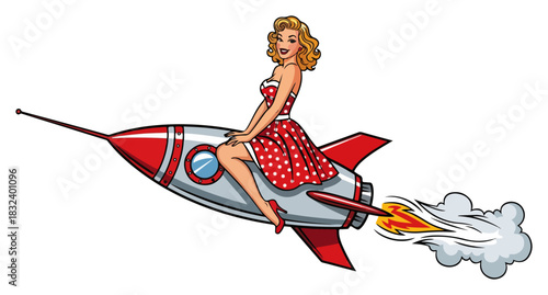Retro pin up girl riding a rocket — vintage space travel cartoon vector illustration