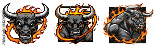 Angry Bull Mascot Set. Fierce Flaming Bull Head Logos for Sports and Esports Teams. Vector Illustration.