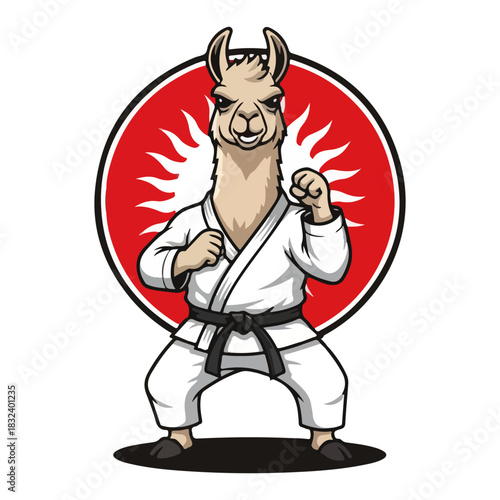 Karate llama mascot — funny martial arts animal character in gi with red sun emblem