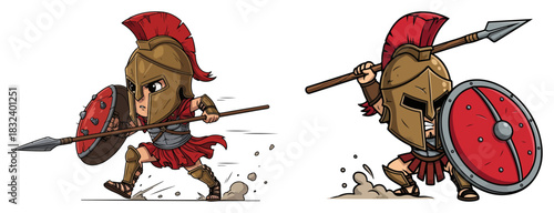 Spartan warriors in battle — ancient Greek hoplites charging cartoon vector illustration