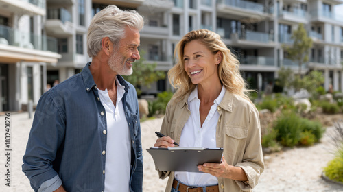 Smiling man and woman discussing real estate outdoors on background of modern buildings