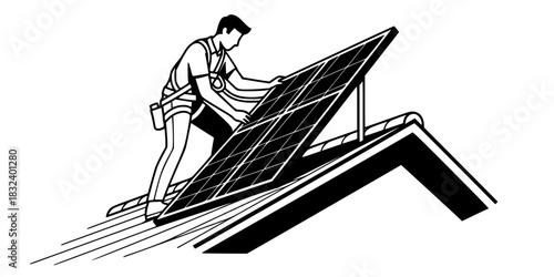 Solar panel installer working on roof black and white vector icon for renewable energy concepts