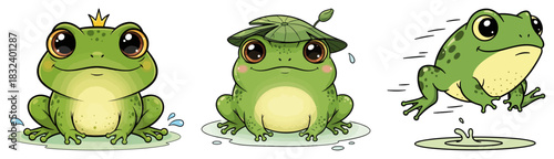 Cute Frog Cartoon Character Set. Vector Frog Prince and Jumping Amphibian Mascot Collection.