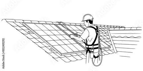 Solar panel installer working on roof black and white vector icon for renewable energy concepts