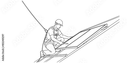 Solar panel installer working on roof black and white vector icon for renewable energy concepts
