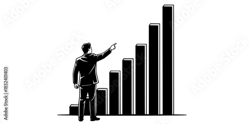 Businessman analyst pointing at rising growth chart data presentation vector illustration