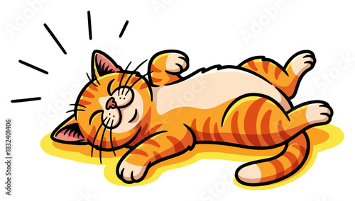 Cute Ginger Cat Relaxing. Happy funny tabby kitten lying on its back. Adorable cartoon pet vector illustration.