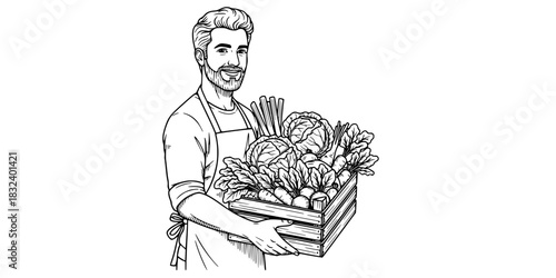 Urban farmer man holding crate of vegetables organic agriculture vector icon