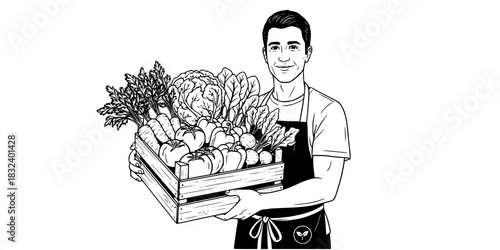 Urban farmer man holding crate of vegetables organic agriculture vector icon