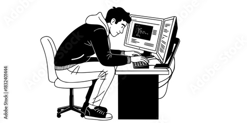 Software developer man coding on dual monitors tech programmer vector illustration