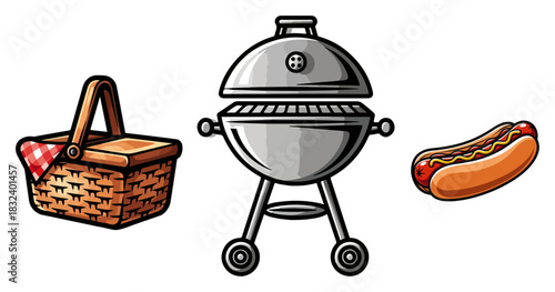Charcoal barbecue grill with picnic basket and hot dog fun cookout vector illustration