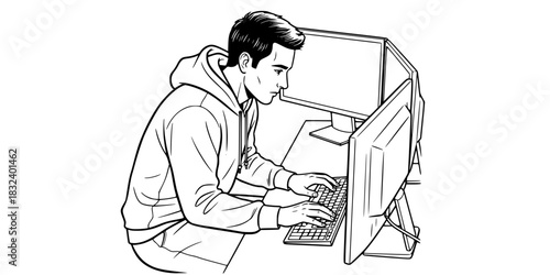 Software developer man coding on dual monitors tech programmer vector illustration