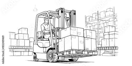 Warehouse worker driving forklift truck with pallet logistics vector icon