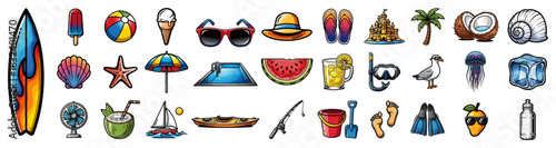 Summer beach vacation icons set colorful vector collection of seaside essentials