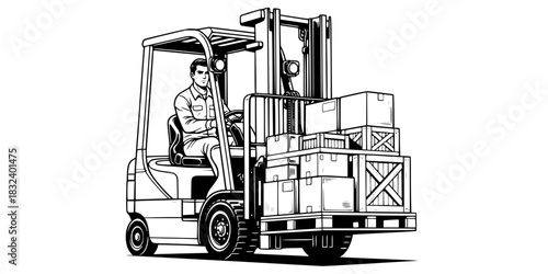 Warehouse worker driving forklift truck with pallet logistics vector icon