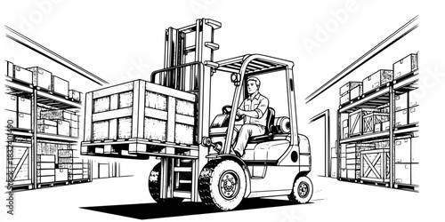 Warehouse worker driving forklift truck with pallet logistics vector icon
