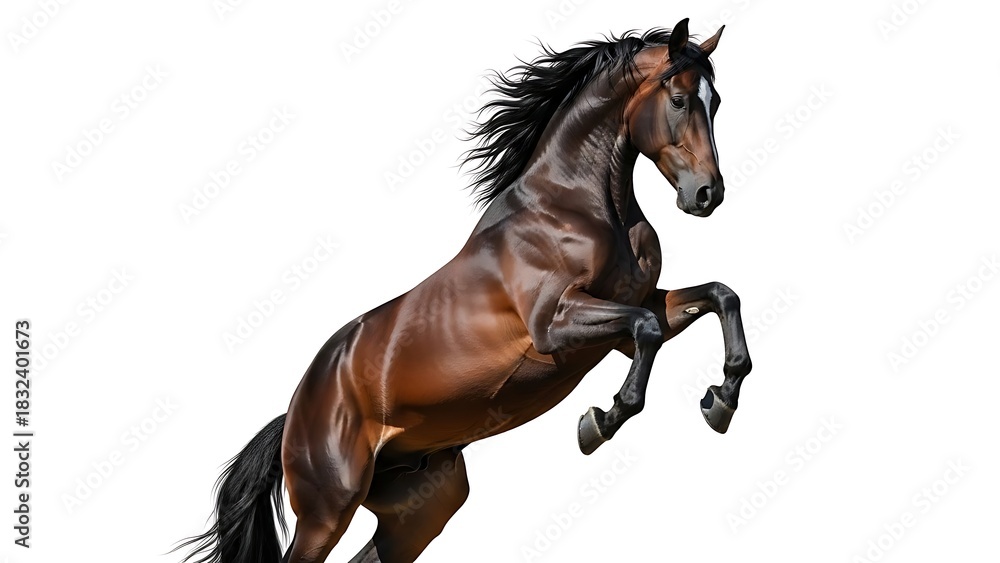 Fototapeta premium A majestic brown horse with a white blaze rearing up on its hind legs against a white background.
