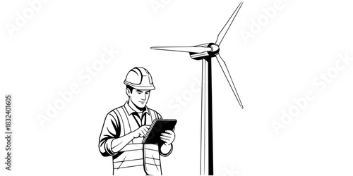 Wind energy technician engineer with tablet renewable power vector illustration