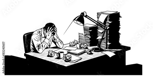 Stressed office worker man with headache and pile of papers burnout vector illustration