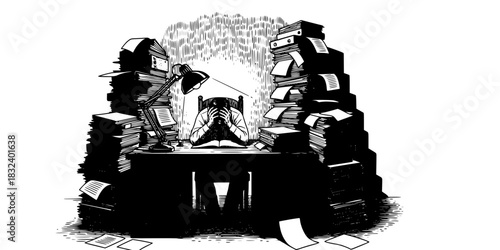 Stressed office worker man with headache and pile of papers burnout vector illustration