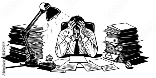 Stressed office worker man with headache and pile of papers burnout vector illustration
