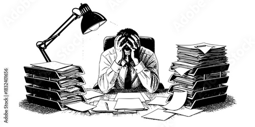 Stressed office worker man with headache and pile of papers burnout vector illustration