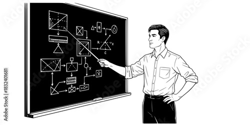 Male teacher pointing at whiteboard classroom education vector icon