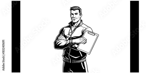 Personal trainer man fitness coach with clipboard vector icon