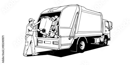 Sanitation worker man emptying trash can into truck vector icon