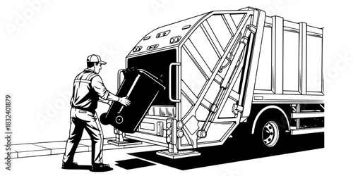 Sanitation worker man emptying trash can into truck vector icon