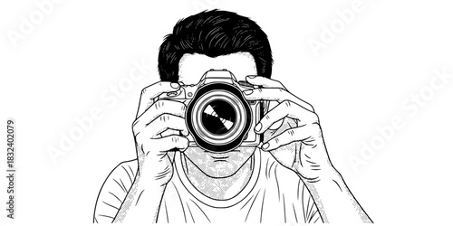 Photographer man taking picture with camera creative hobby vector icon
