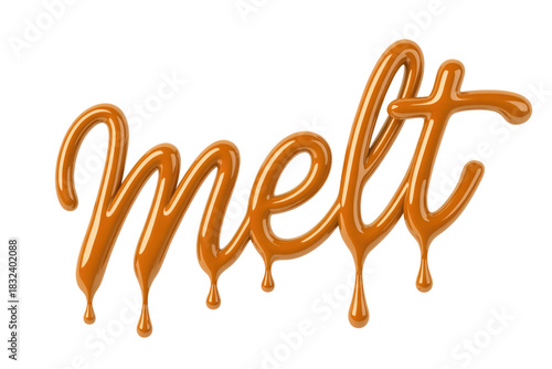 The word 'melt' rendered in a shiny, dripping caramel-like liquid font with a 3D effect, suggesting a sweet, gooey texture. background removed