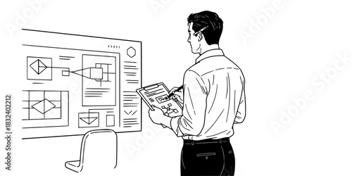 UX UI researcher man observing user interaction with digital interface vector illustration