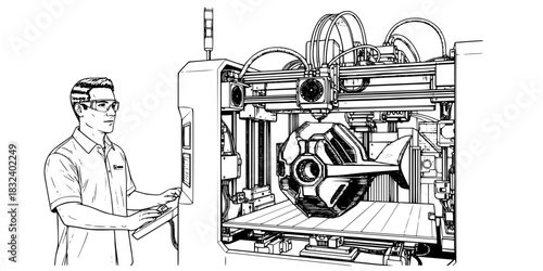 Industrial 3D printing technician man monitoring additive manufacturing process vector icon