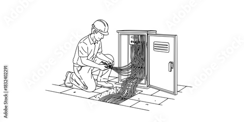 Fiber optic technician man splicing high speed internet cables vector icon