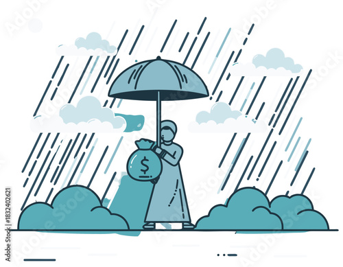Person Holding Umbrella Over Money Bag Amidst Stormy Weather Conceptual Illustration of Financial Protection and Security