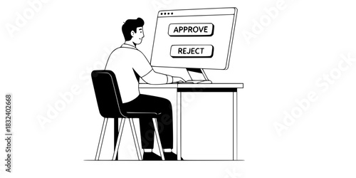 Content moderator man reviewing digital media on computer screen vector icon