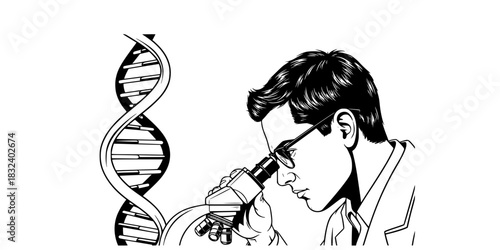 Geneticist man researching DNA in laboratory with microscope vector icon