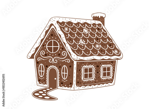 Decorated Gingerbread House with Icing Snow on Roof and Chimney Festive Christmas Treat Detailed Vector Illustration on Black Background