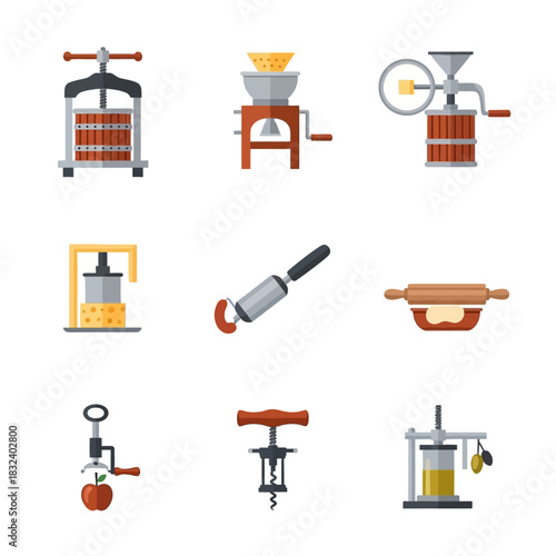 Collection of Vintage Kitchen Tools and Gadgets for Food Preparation.