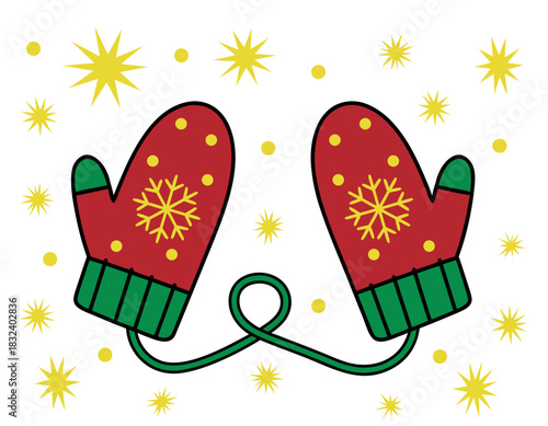 Red Mittens with Yellow Snowflake Pattern and Green Cuffs Surrounded by Yellow Starbursts and Dots on a Black Background