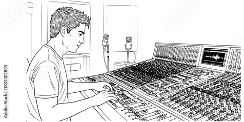 Sound engineer man working at audio mixing console studio vector illustration