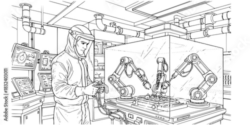 Bioengineer man in sterile suit working with technology in lab vector icon