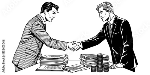 Investment banker men shaking hands over financial deal vector icon