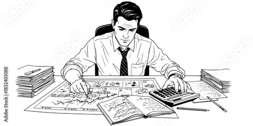 Actuary man calculating risk with calculator and charts vector illustration
