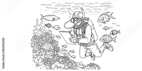 Marine biologist man diving underwater for research vector illustration