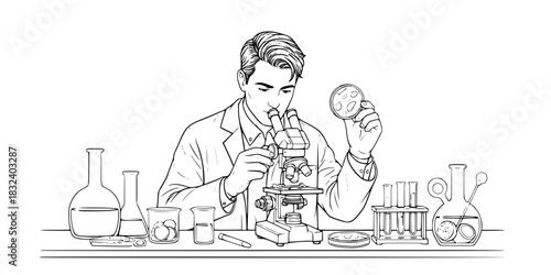 Food scientist man researching in laboratory with microscope vector icon