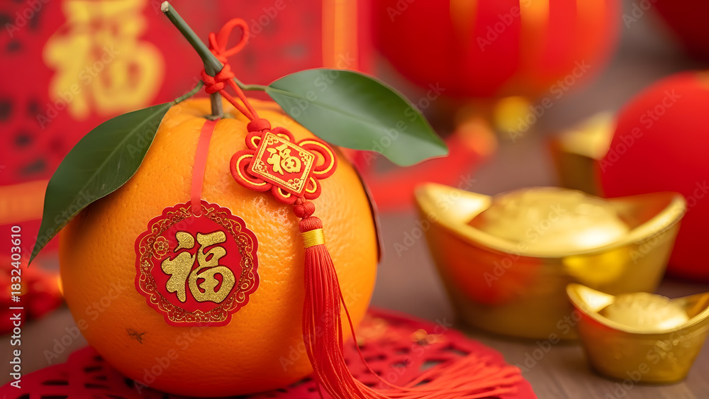 Fototapeta premium Traditional Chinese New Year Decorations with Orange and Red Accents