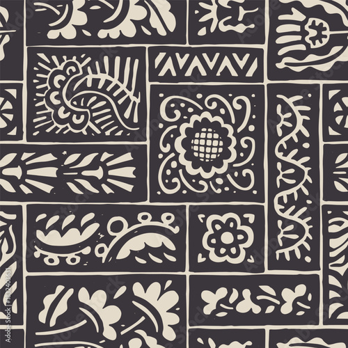 Seamless ornamental block pattern. Hand-drawn floral and geometric elements in bold contrast. Vintage craft-inspired layout for decor. Vector illustration.