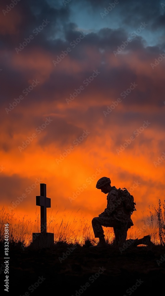 Fototapeta premium Soldier Silhouette Kneeling by Grave Cross at Sunset
